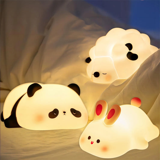 LED Night Lights Cute Sheep Panda Rabbit Silicone Lamp USB Rechargeable Timing Bedside Decor